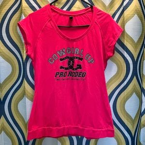 Cowgirl up pro rodeo, pink short sleeve XXL top some stretch, 18 inches armpit